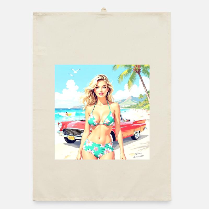 Frau am Strand mit Oldtimer Organic Geschirrtuch