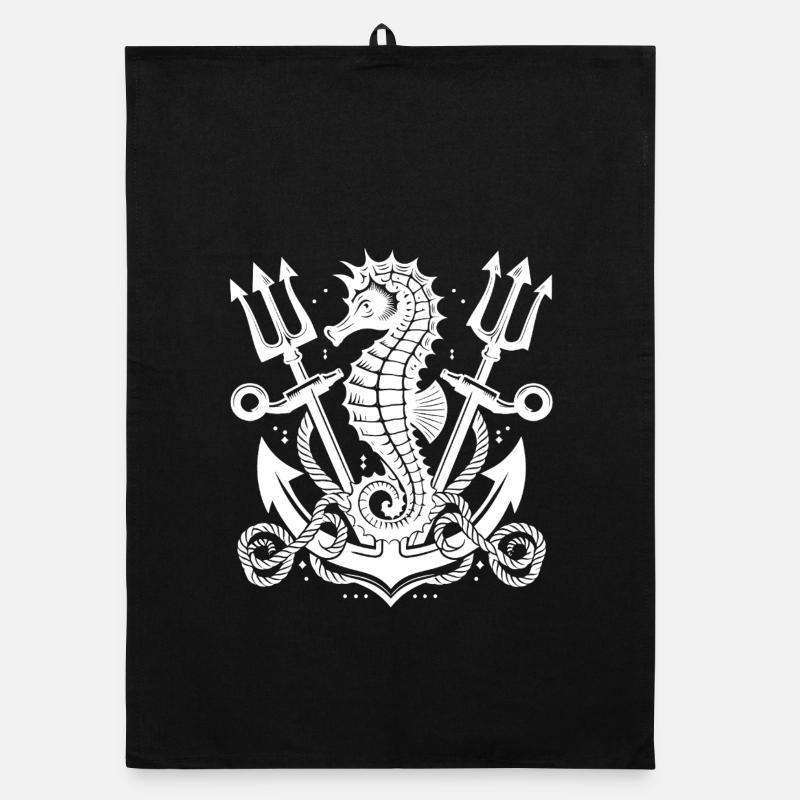 Hippocampe avec ancre et trident Torchon bio