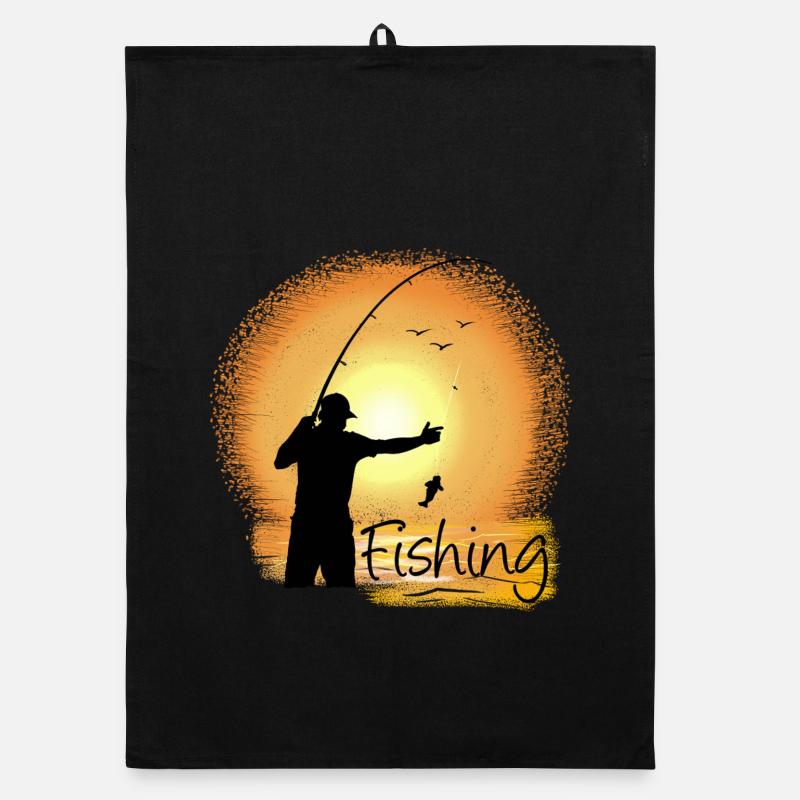 Pêche en soirée avec silhouette de coucher de soleil Torchon bio