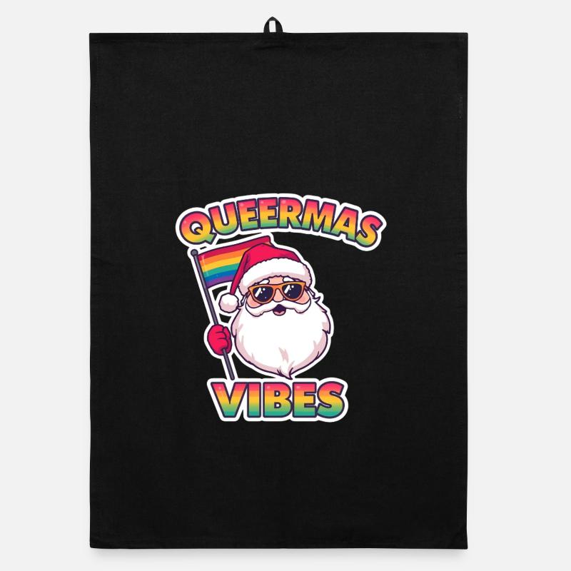 Queermas Vibes – Père Noël avec drapeau arc-en-ciel Torchon bio
