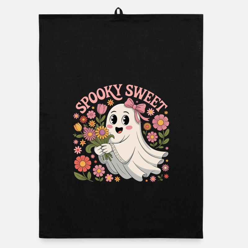 Cute ghost motifs with flower wreath Organic dish towel