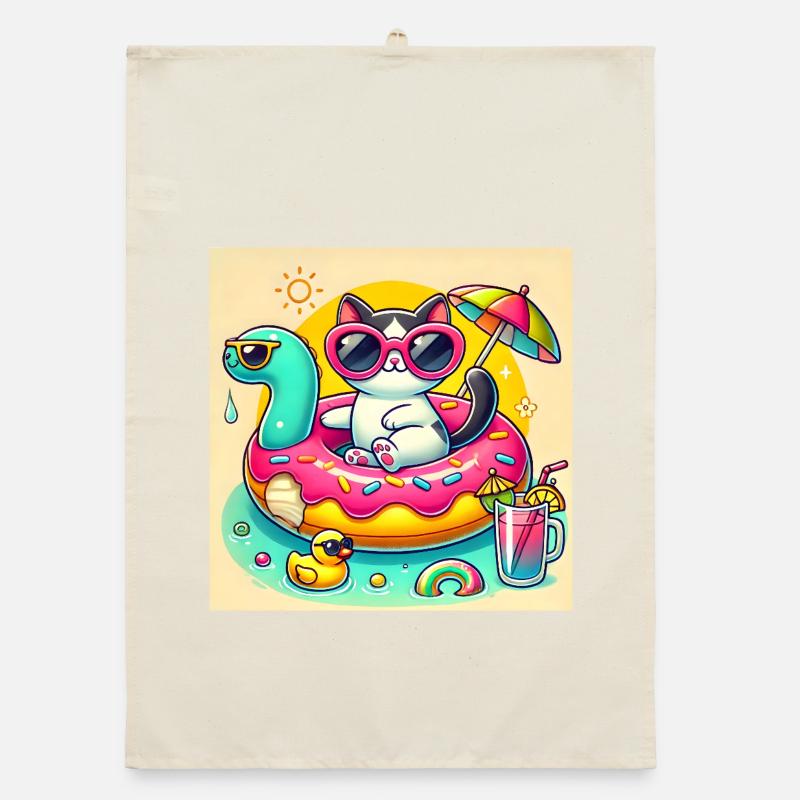 Chat Mignon sur Bouée Piscine Colorée Torchon bio