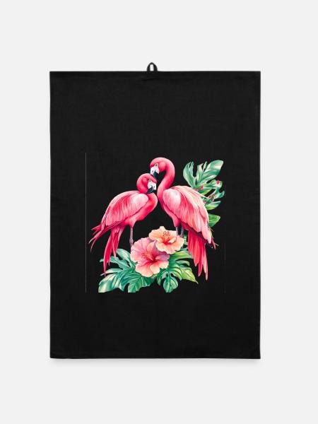 Flamingo Liebesduett im Tropenwald - Organic Geschirrtuch - Schwarz - Vorne