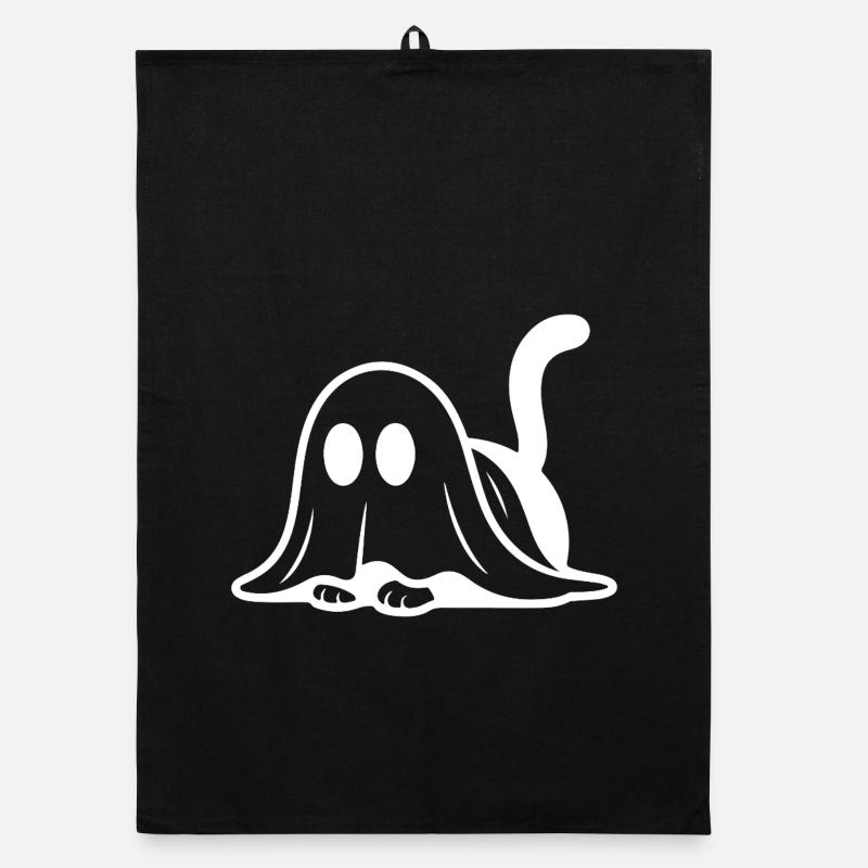 Cat dressed as a ghost – cute Halloween motif Organic dish towel