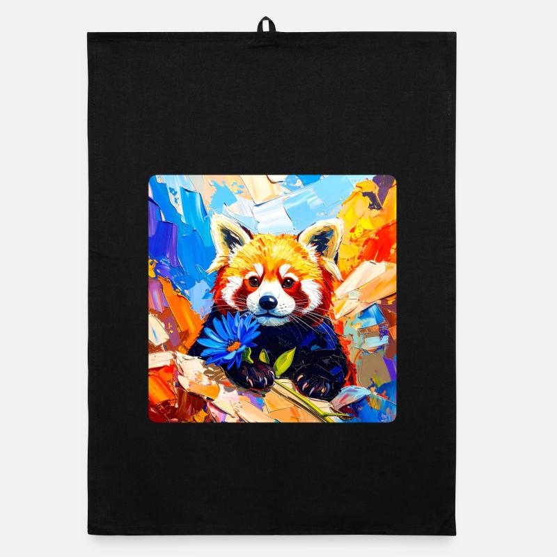 Roter-Panda-Blaue Blume - Organic Geschirrtuch - Schwarz