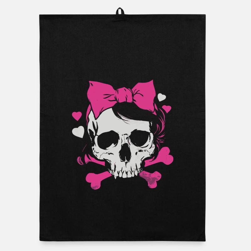 Pink Skull with Braids and Bows Organic dish towel