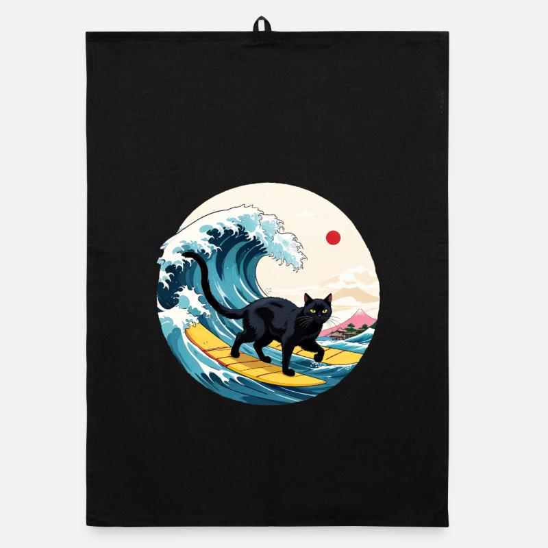 Black Cat Surfing Welle Organic Geschirrtuch