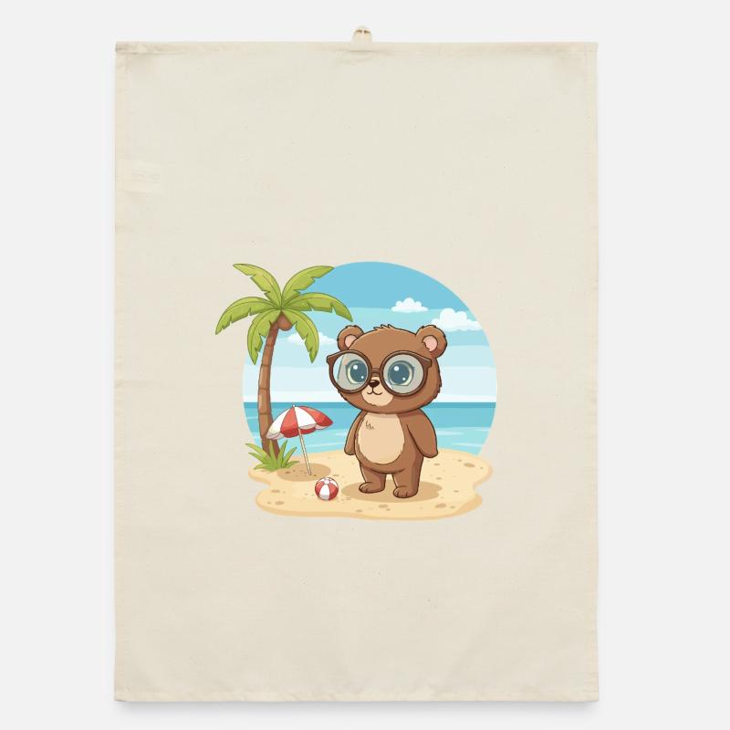 Cute Bear with Glasses Beach Summer Vacation Organic dish towel