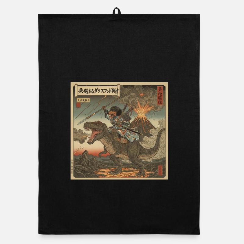 Dachshund Samurai Warrior Riding T-Rex Dinosaur Organic dish towel