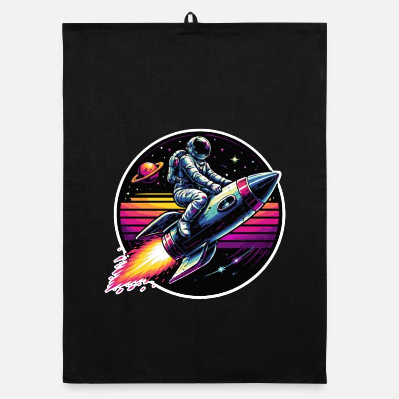 Astronaut on rocket in retro sunset - Organic dish towel - black