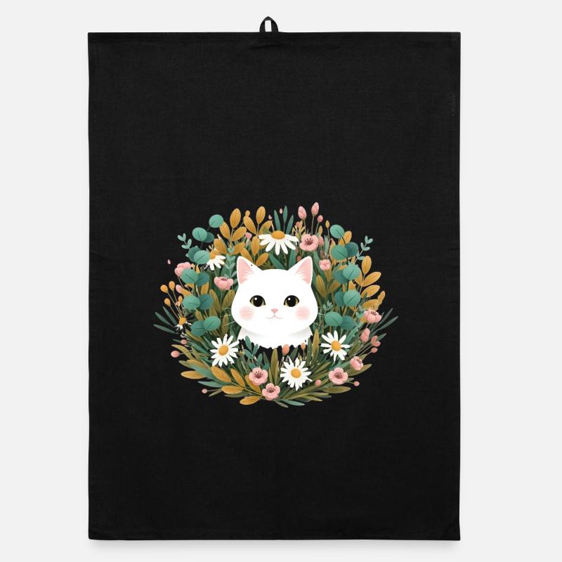 Tête de chat dans une couronne de fleurs Torchon bio