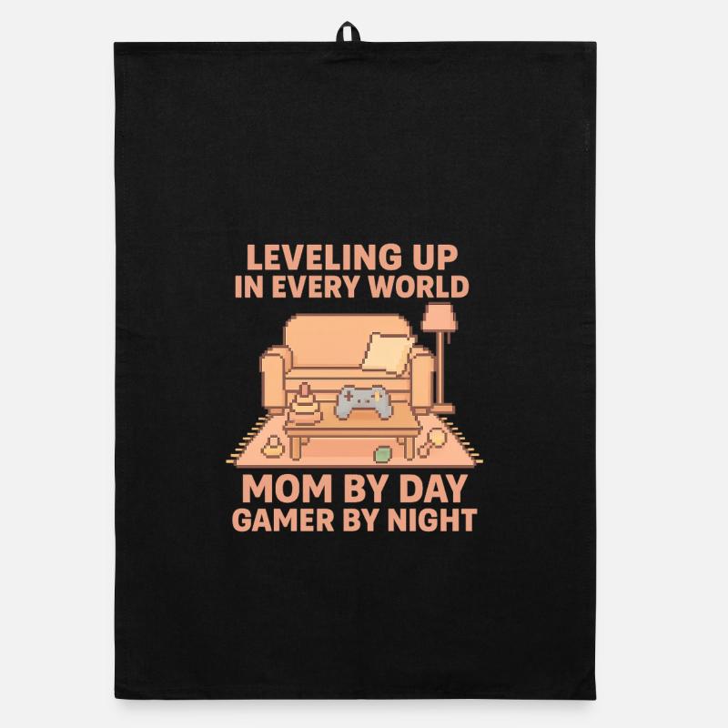 Maman Pixel Gamer : Monter de niveau chaque jour - Torchon bio - noir
