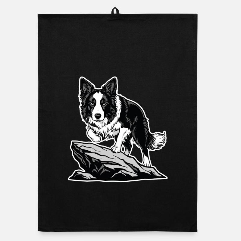 Dog Border Collie on Rock Portrait Agility Organic dish towel