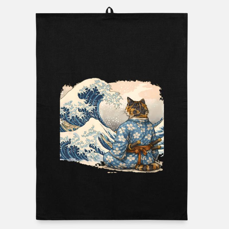 Samurai Cat Wave Japanese Ukiyo-e Style Organic dish towel