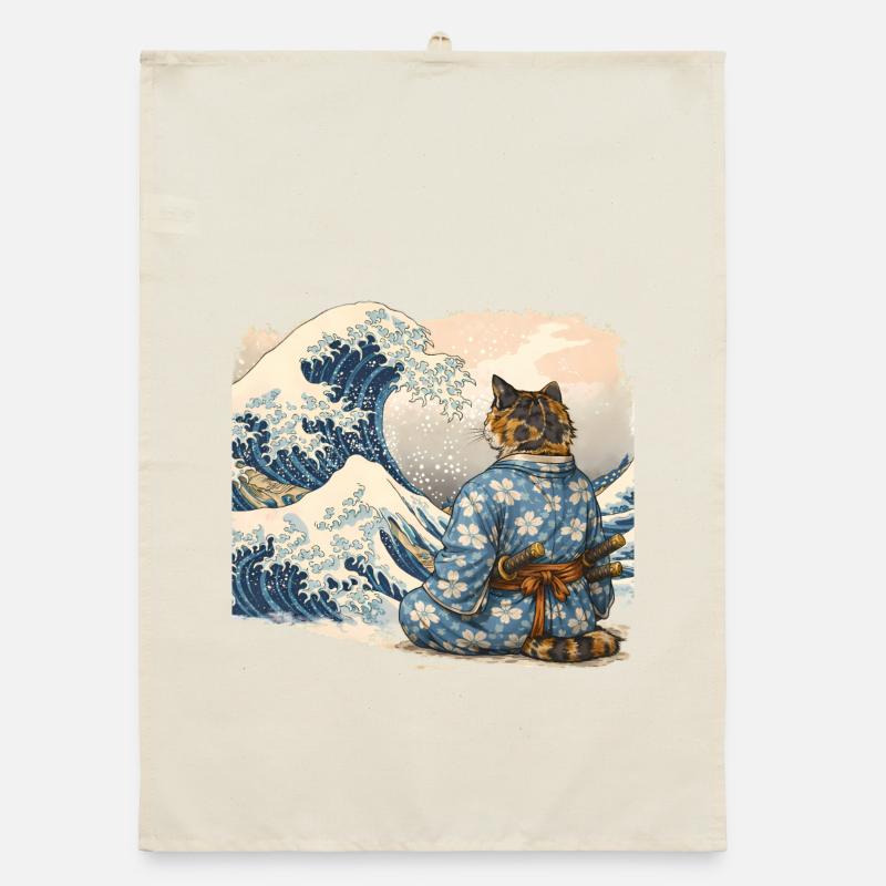 Samurai Cat Wave Japanese Ukiyo-e Style Organic dish towel