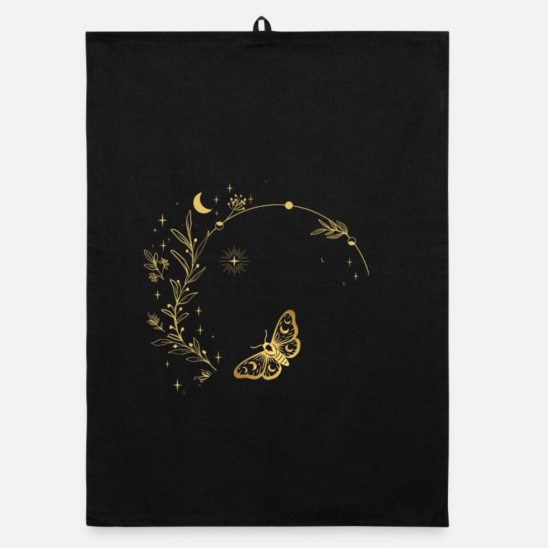 Cadre circulaire des feuilles de lune dorées Torchon bio