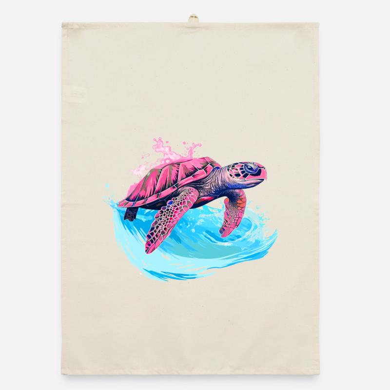 Wild pink sea turtle in wave Organic dish towel