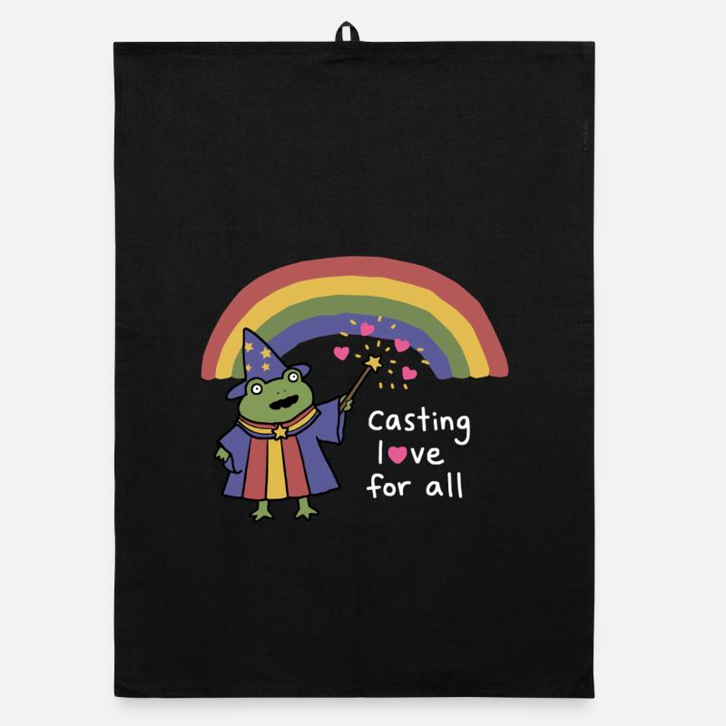 Frog Wizard Casting Love Under Rainbow - Organic dish towel - black