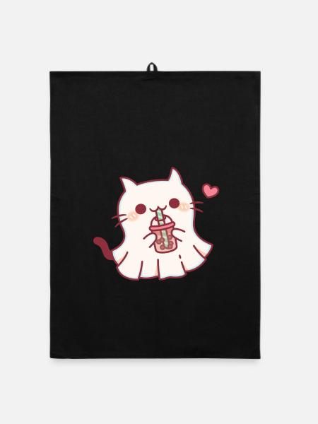 Süße Geisterkatze liebt Boba Tea Halloween - Organic Geschirrtuch - Schwarz - Vorne