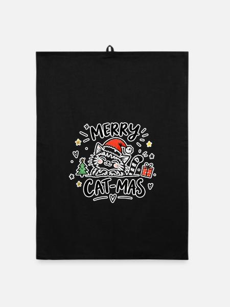 Merry Cat-Mas – Katze mit Weihnachtsmütze - Organic Geschirrtuch - Schwarz - Vorne