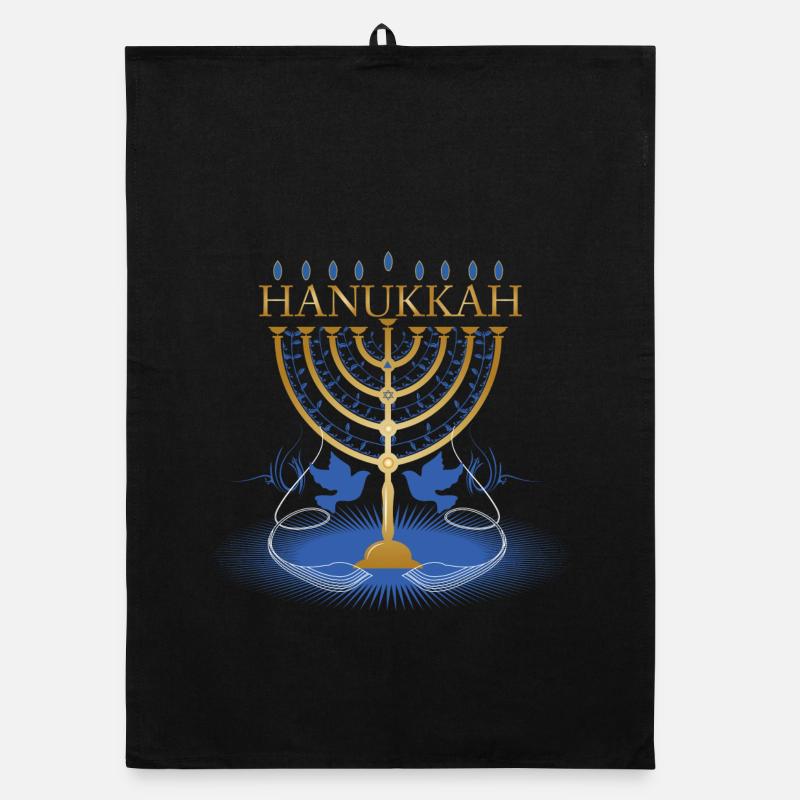 gold-colored Hanukkah candlestick with two doves Organic dish towel