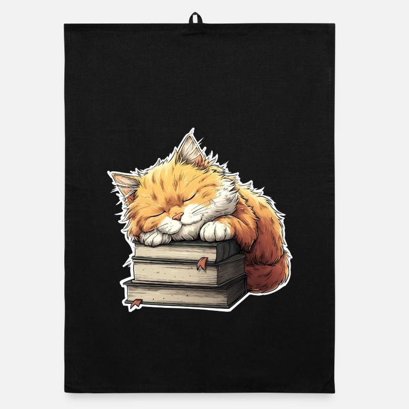 Süße Katze schläft auf Bücherstapel - Organic Geschirrtuch - Schwarz