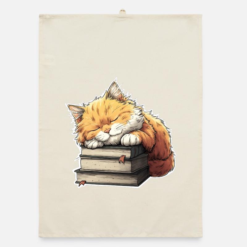 Cute Cat Sleeping on Book Pile Organic dish towel