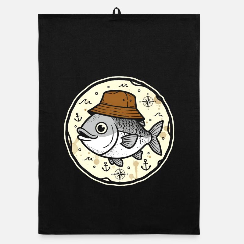 Poisson avec chapeau dans un logo marin rond Torchon bio