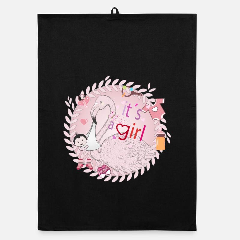 Flamant rose avec bébé et ustensiles pour bébés en rose Torchon bio