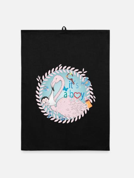 Flamingo mit Baby und Baby Utensilien in Blau - Organic Geschirrtuch - Schwarz - Vorne
