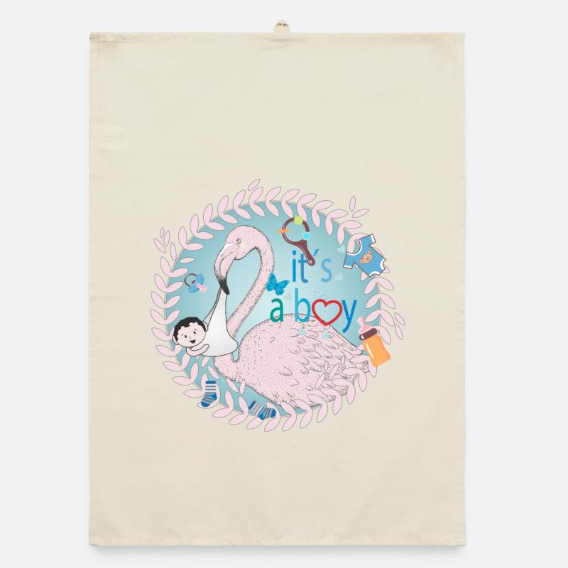Flamant rose avec bébé et ustensiles pour bébé en bleu Torchon bio