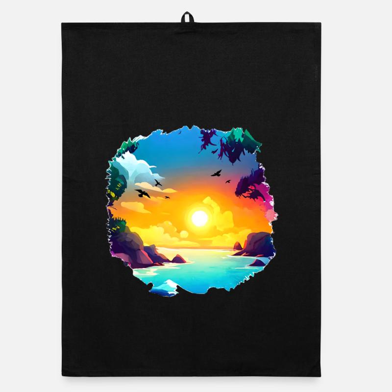 Aquarelle de plage de coucher de soleil d’été Torchon bio