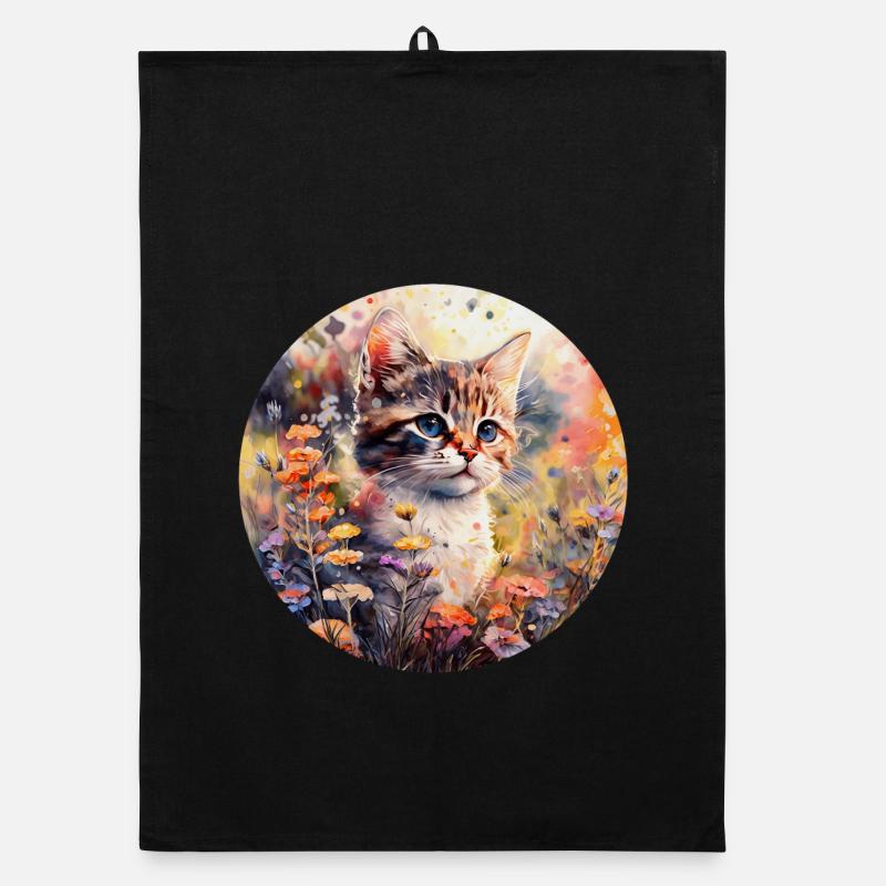 Chat dans un pré fleuri - Aquarelle Torchon bio