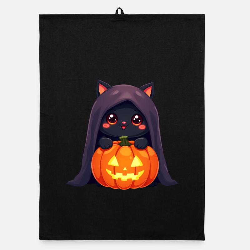 Chat d’Halloween avec citrouille d’Halloween Torchon bio