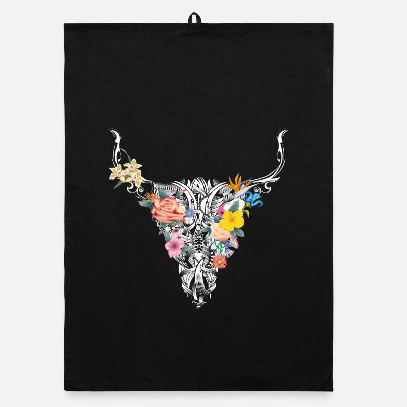 Bull skull with flowers Organic dish towel