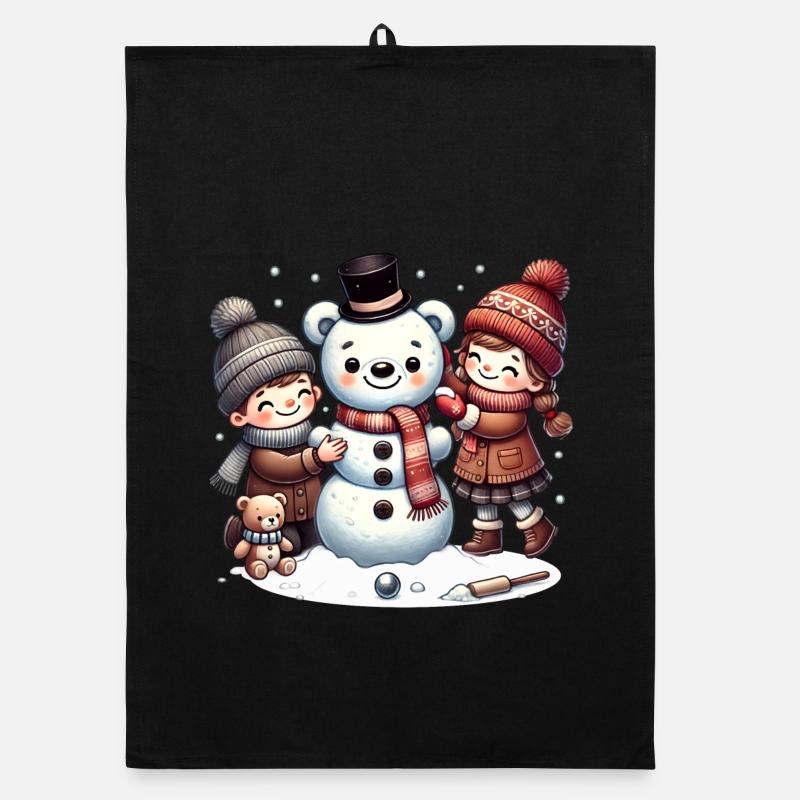 Winterspaß: Kinder bauen einen Teddy-Schneemann Organic Geschirrtuch