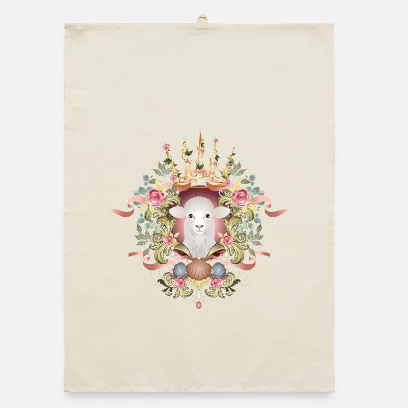 A sheep in a lavishly decorated frame with a crown Organic dish towel
