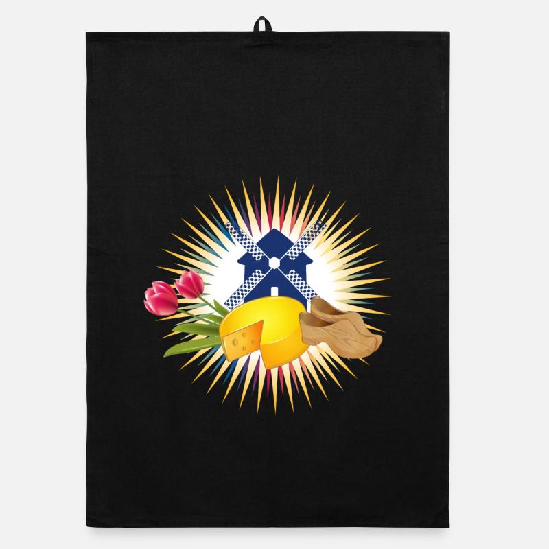 Windmill with tulips, clogs and Dutch cheese Organic dish towel