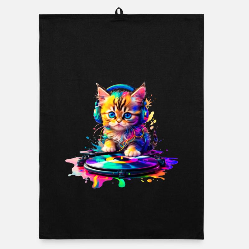 Chaton DJ - Arc-en-ciel 2 - Torchon bio - noir