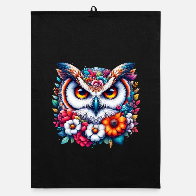 Hibou décoré de fleurs Torchon bio