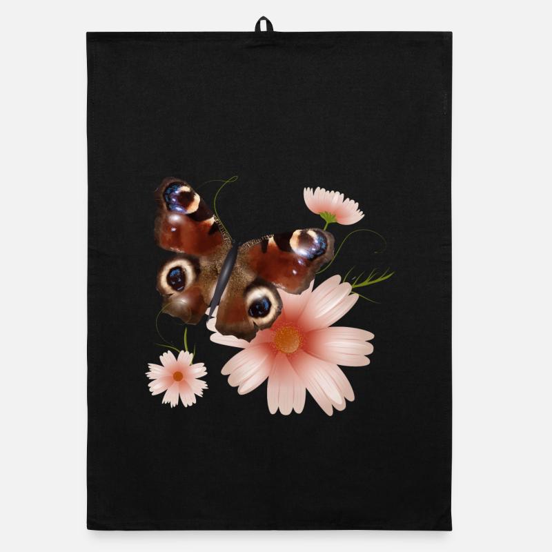 Papillon paon oeil avec des fleurs roses Torchon bio