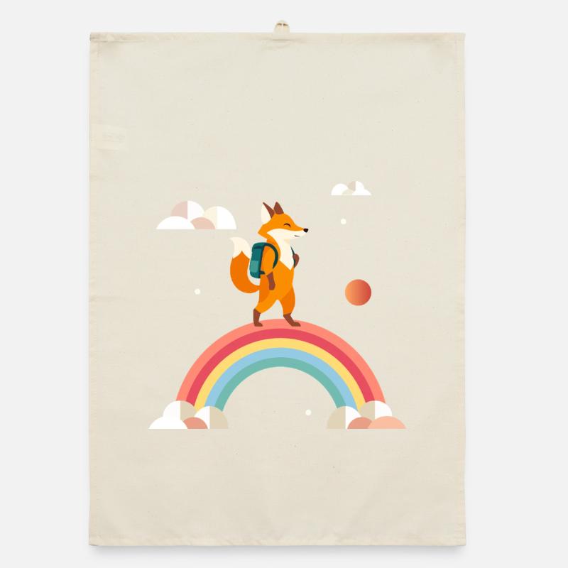 Cheerful fox with backpack on rainbow Organic dish towel