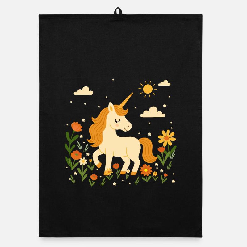Licorne sur prairie fleurie – Scène joyeuse avec du soleil Torchon bio