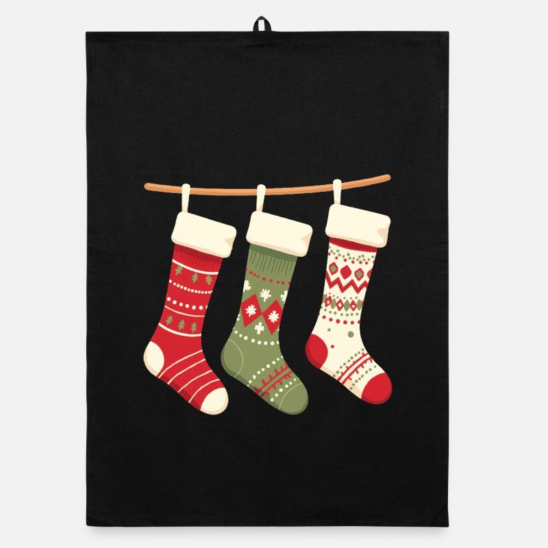 Three Stockings Christmas Pattern - Organic dish towel - black