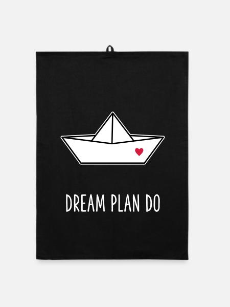 Dream Plan Do - Papierboot Schiffchen Herz - Organic Geschirrtuch - Schwarz - Vorne