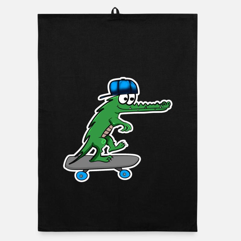 Crocodile avec skateboard et casquette Torchon bio