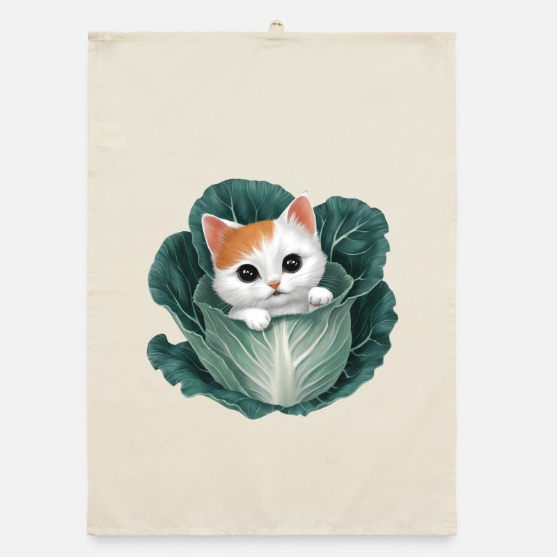 Kitten Peeking from Cabbage Leaf Organic dish towel