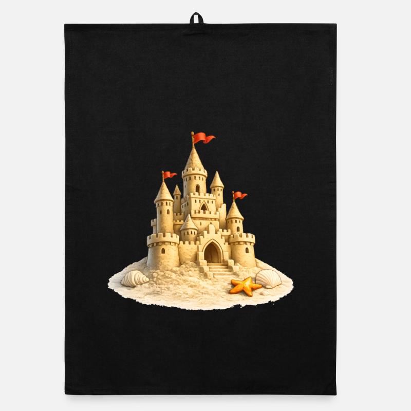 Château de sable sur la plage avec des coquillages Torchon bio