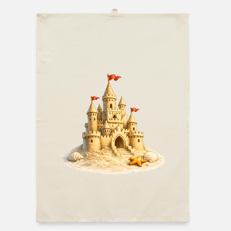 Sandcastle on the beach with shells Organic dish towel
