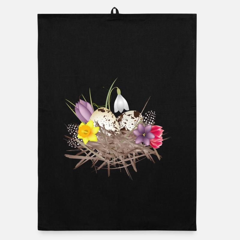 Spring nest with eggs, feathers and spring flowers Organic dish towel